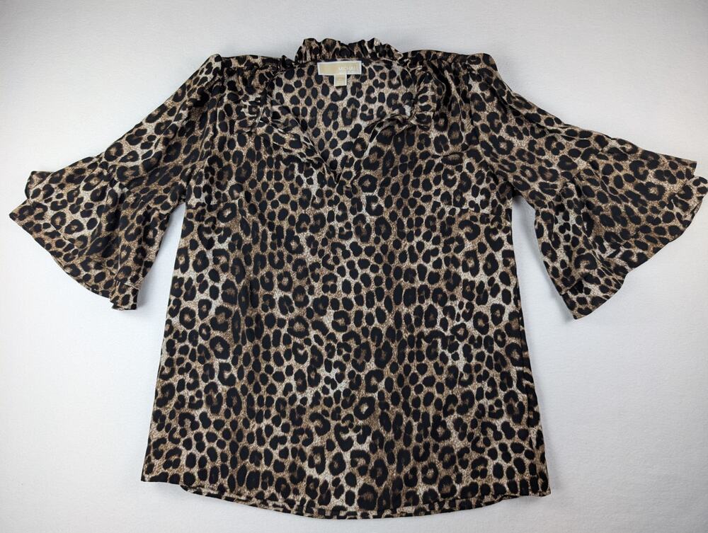 MICHAEL Michael Kors Leopard Print Ruffle Bell Sleeve Blouse Size M
